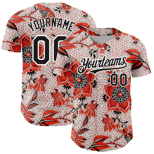 Custom Red Black-White 3D Pattern Design Northeast China Big Flower Authentic Baseball Jersey - Main View
