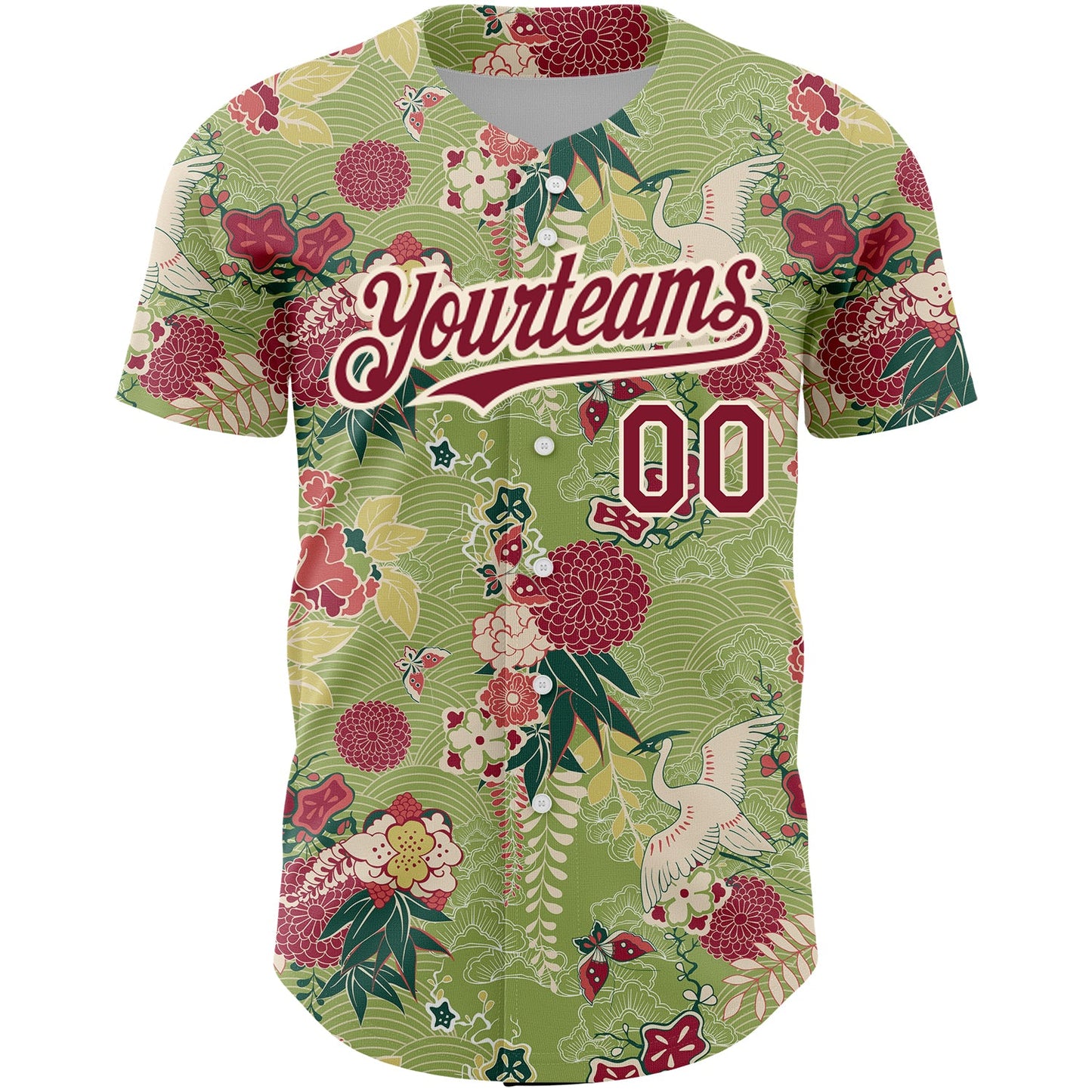 Custom Green Crimson-Cream 3D Pattern Design Northeast China Big Flower And Crane Authentic Baseball Jersey view 2