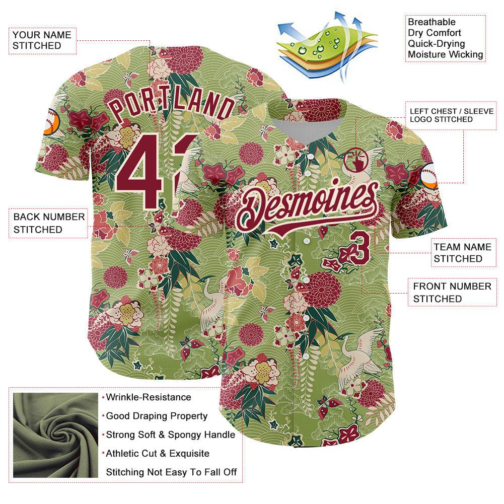 Custom Green Crimson-Cream 3D Pattern Design Northeast China Big Flower And Crane Authentic Baseball Jersey view 3