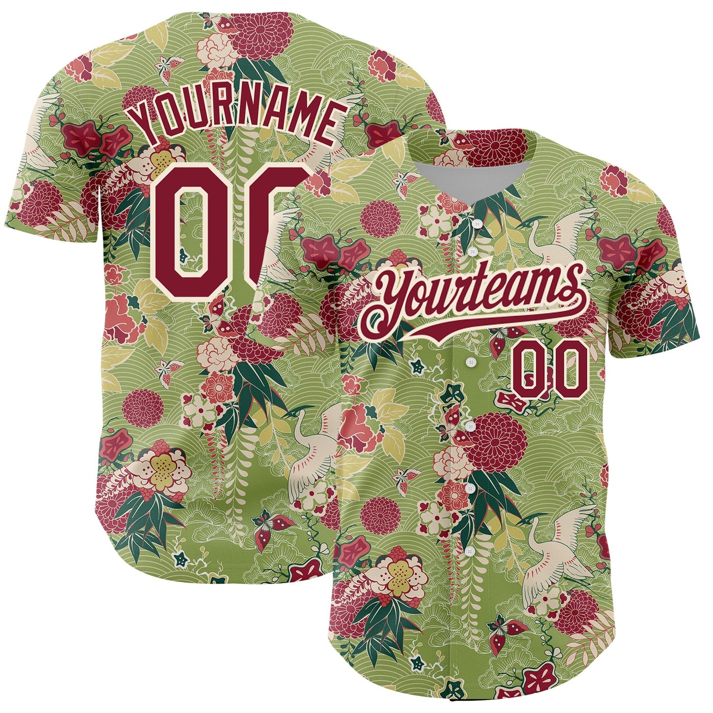 Custom Green Crimson-Cream 3D Pattern Design Northeast China Big Flower And Crane Authentic Baseball Jersey - Main View