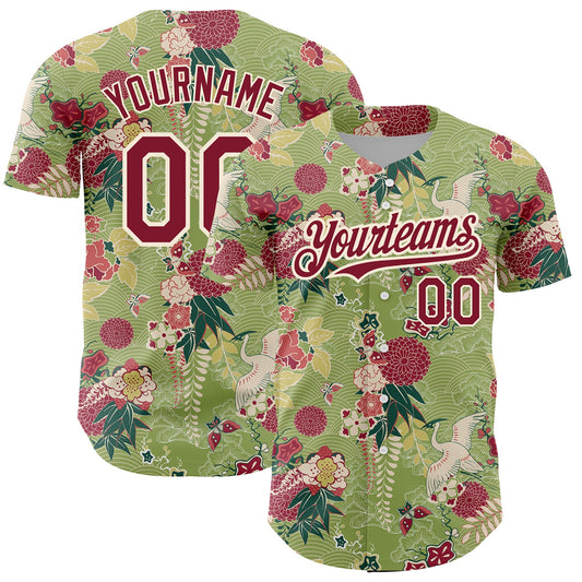Custom Green Crimson-Cream 3D Pattern Design Northeast China Big Flower And Crane Authentic Baseball Jersey - Main View