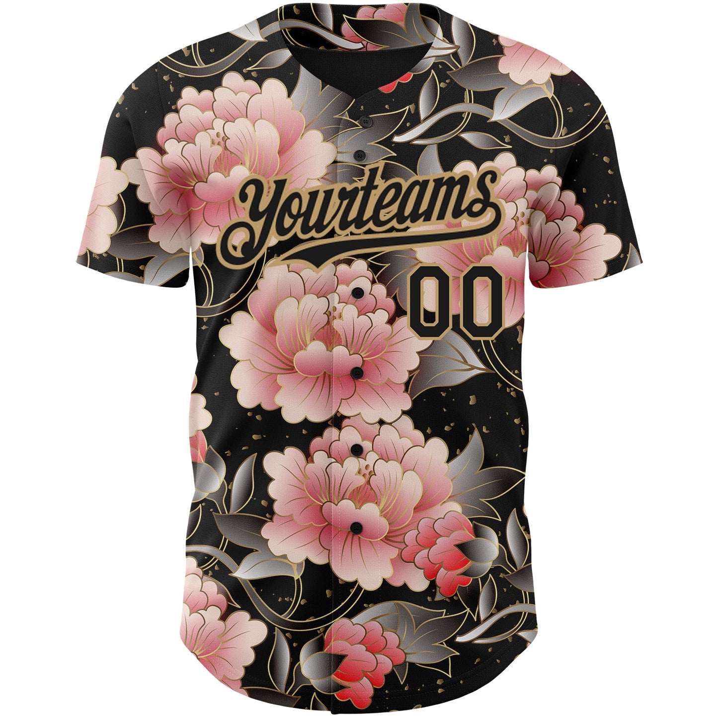 Custom Black Old Gold 3D Pattern Design Northeast China Big Flower Authentic Baseball Jersey view 2
