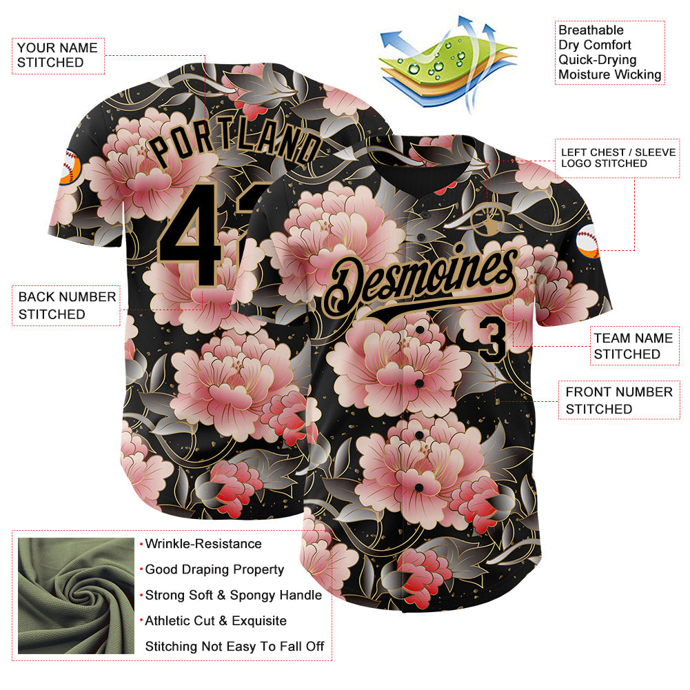 Custom Black Old Gold 3D Pattern Design Northeast China Big Flower Authentic Baseball Jersey view 3