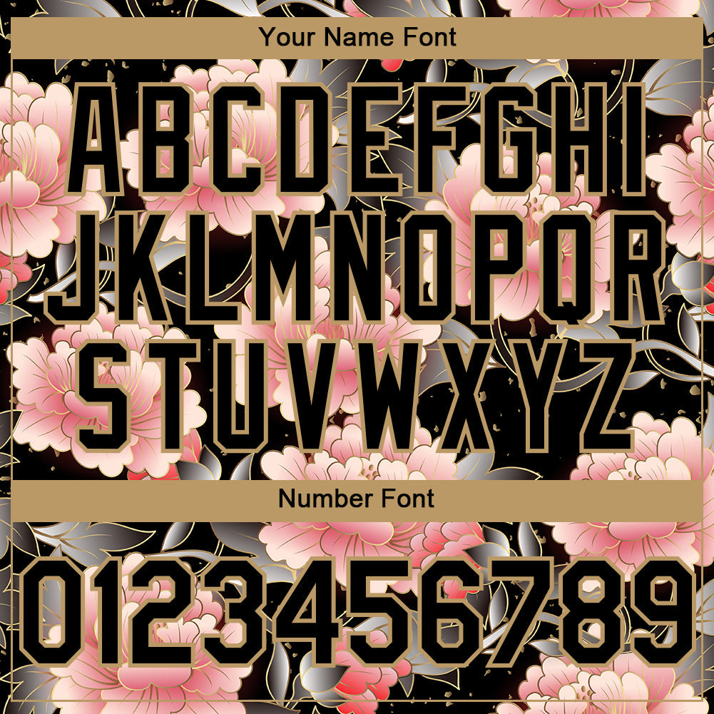 Custom Black Old Gold 3D Pattern Design Northeast China Big Flower Authentic Baseball Jersey view 5