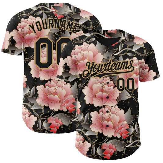 Custom Black Old Gold 3D Pattern Design Northeast China Big Flower Authentic Baseball Jersey - Main View