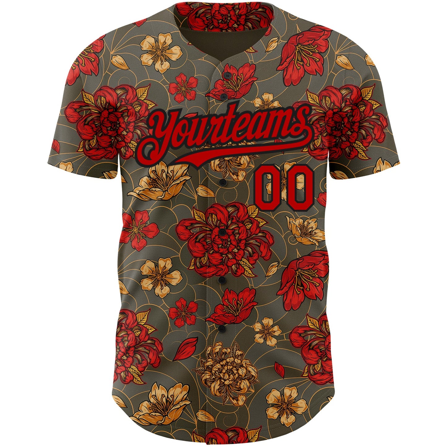 Custom Olive Red-Black 3D Pattern Design Northeast China Big Flower Authentic Baseball Jersey view 2
