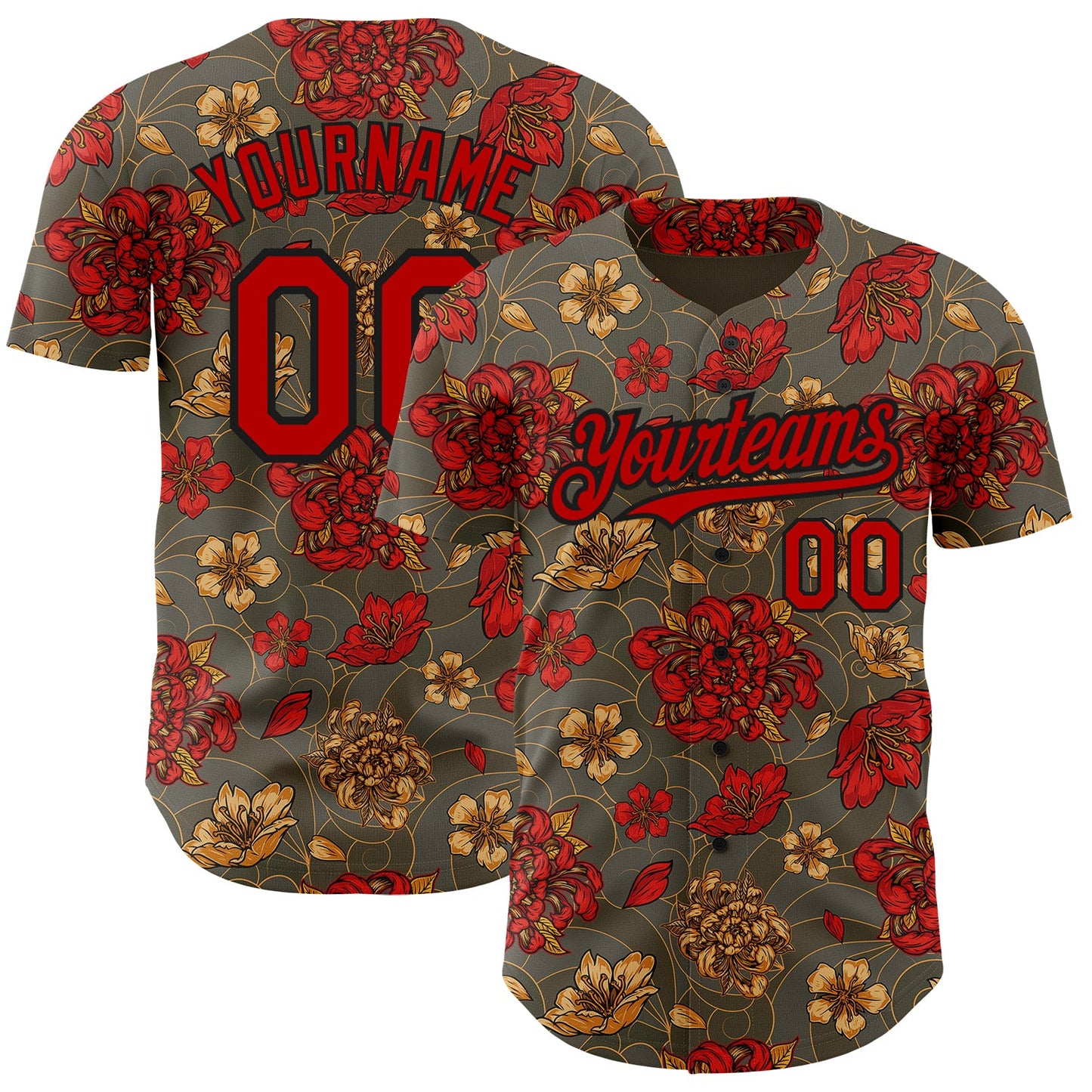 Custom Olive Red-Black 3D Pattern Design Northeast China Big Flower Authentic Baseball Jersey - Main View