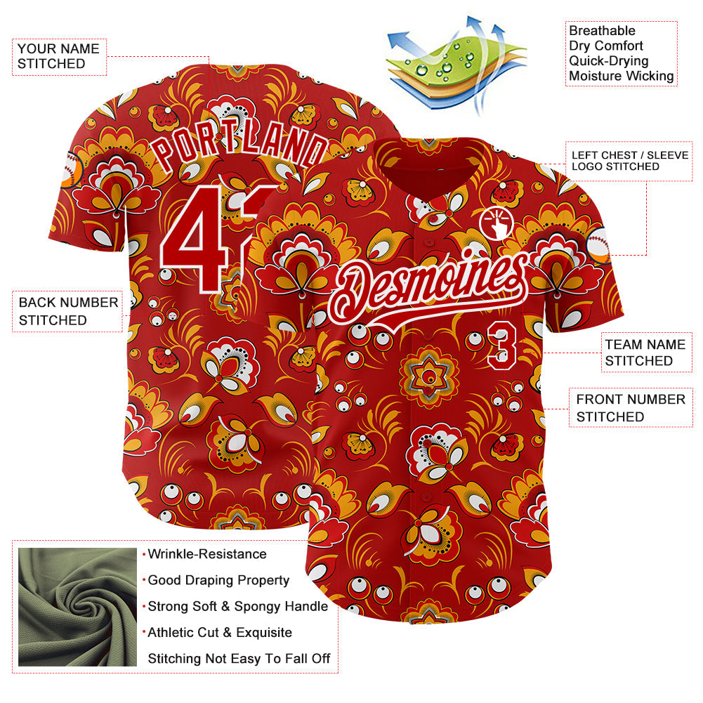 Custom Red White 3D Pattern Design Northeast China Big Flower Authentic Baseball Jersey view 3