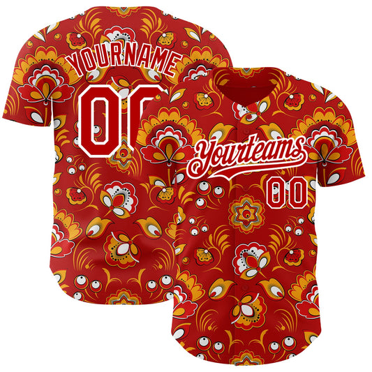 Custom Red White 3D Pattern Design Northeast China Big Flower Authentic Baseball Jersey - Main View