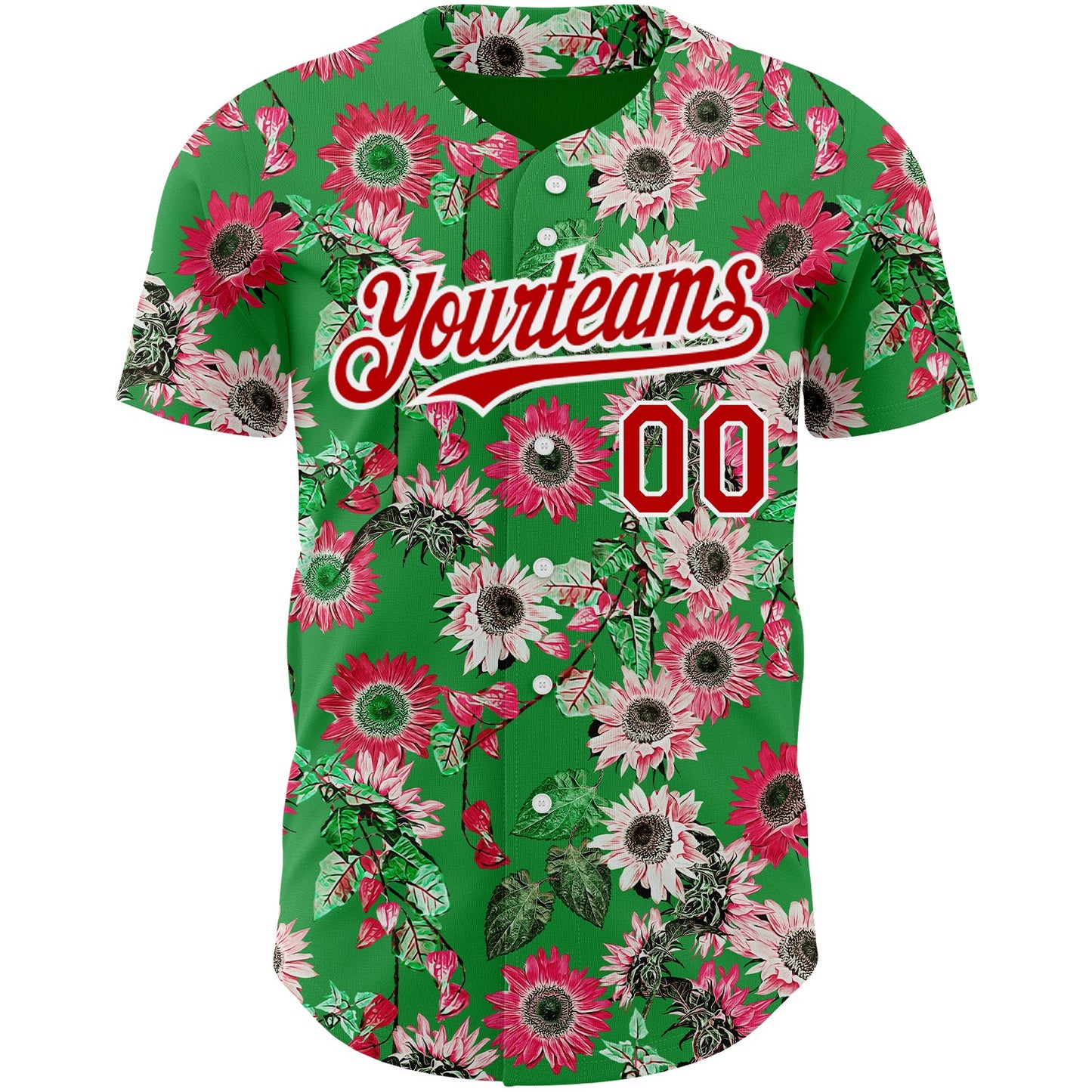 Custom Grass Green Red-White 3D Pattern Design Northeast China Big Flower Authentic Baseball Jersey view 2