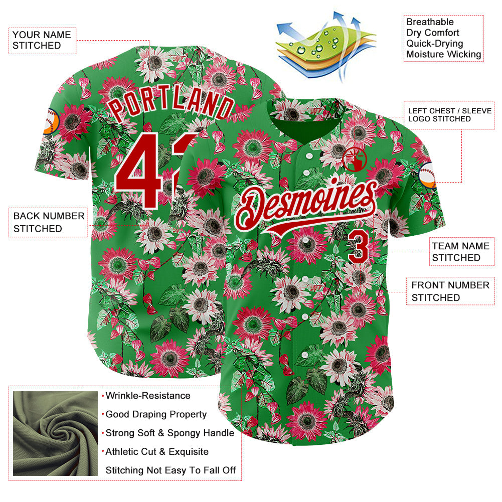 Custom Grass Green Red-White 3D Pattern Design Northeast China Big Flower Authentic Baseball Jersey view 3