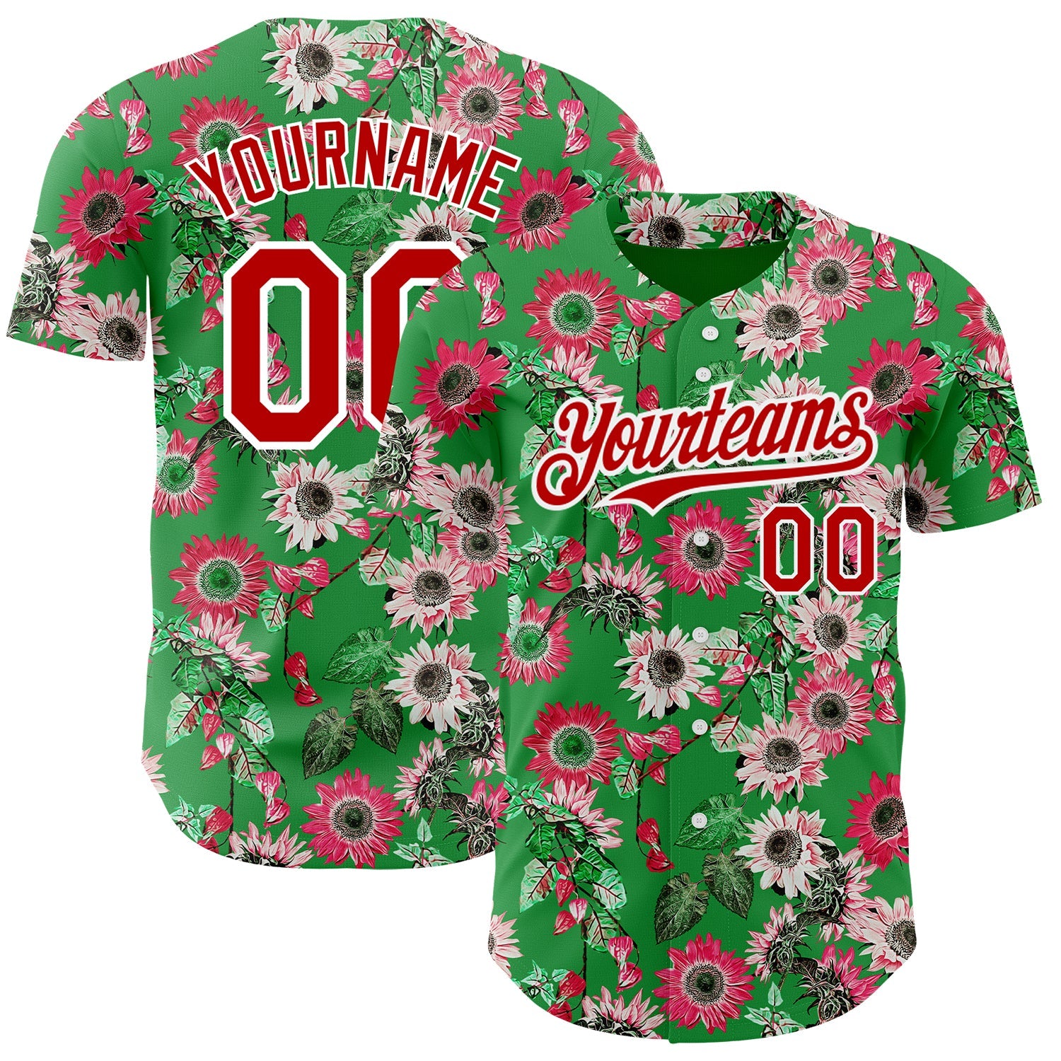 Custom Grass Green Red-White 3D Pattern Design Northeast China Big Flower Authentic Baseball Jersey - Main View