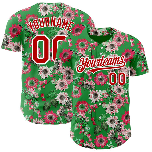 Custom Grass Green Red-White 3D Pattern Design Northeast China Big Flower Authentic Baseball Jersey - Main View