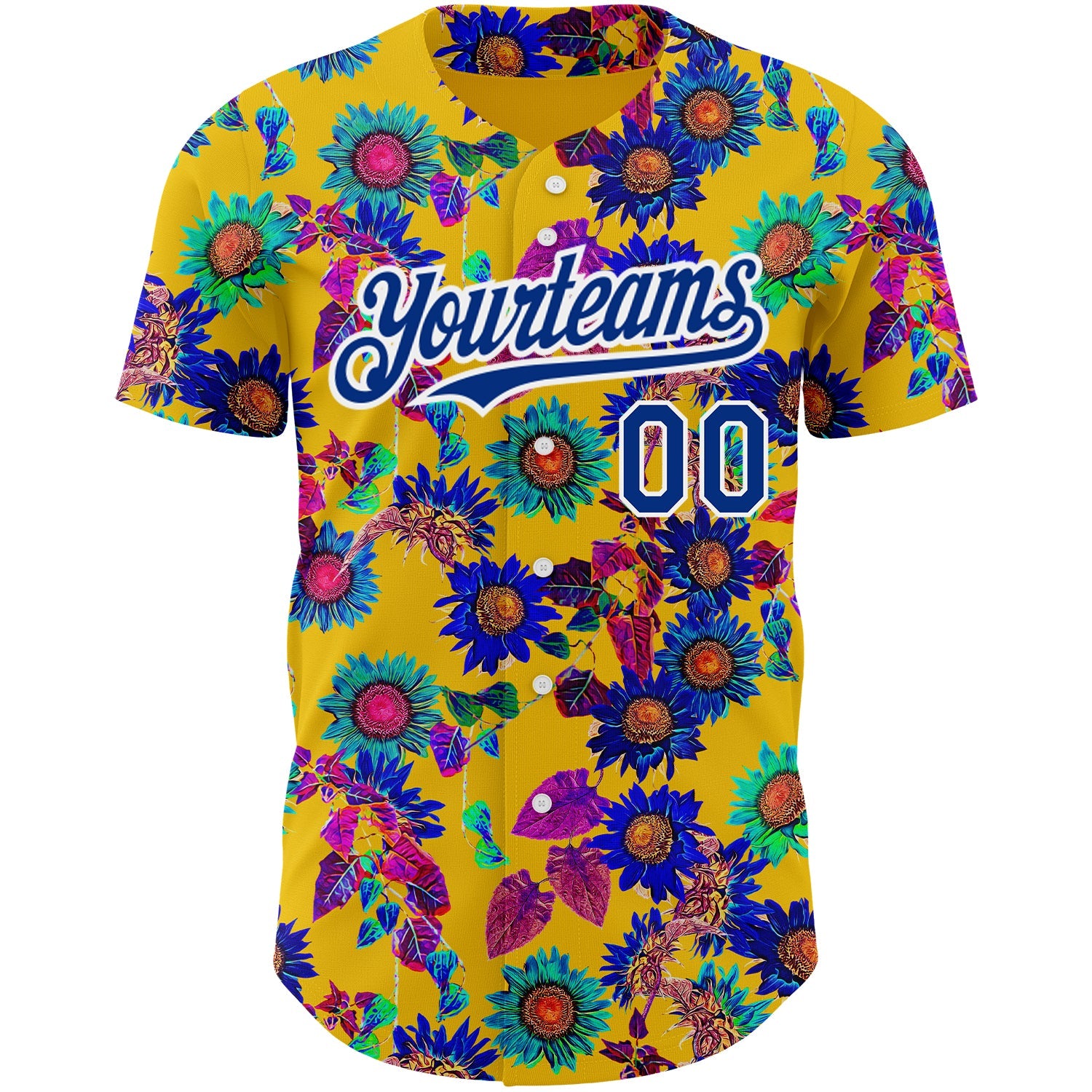 Custom Yellow Royal-White 3D Pattern Design Northeast China Big Flower Authentic Baseball Jersey view 2