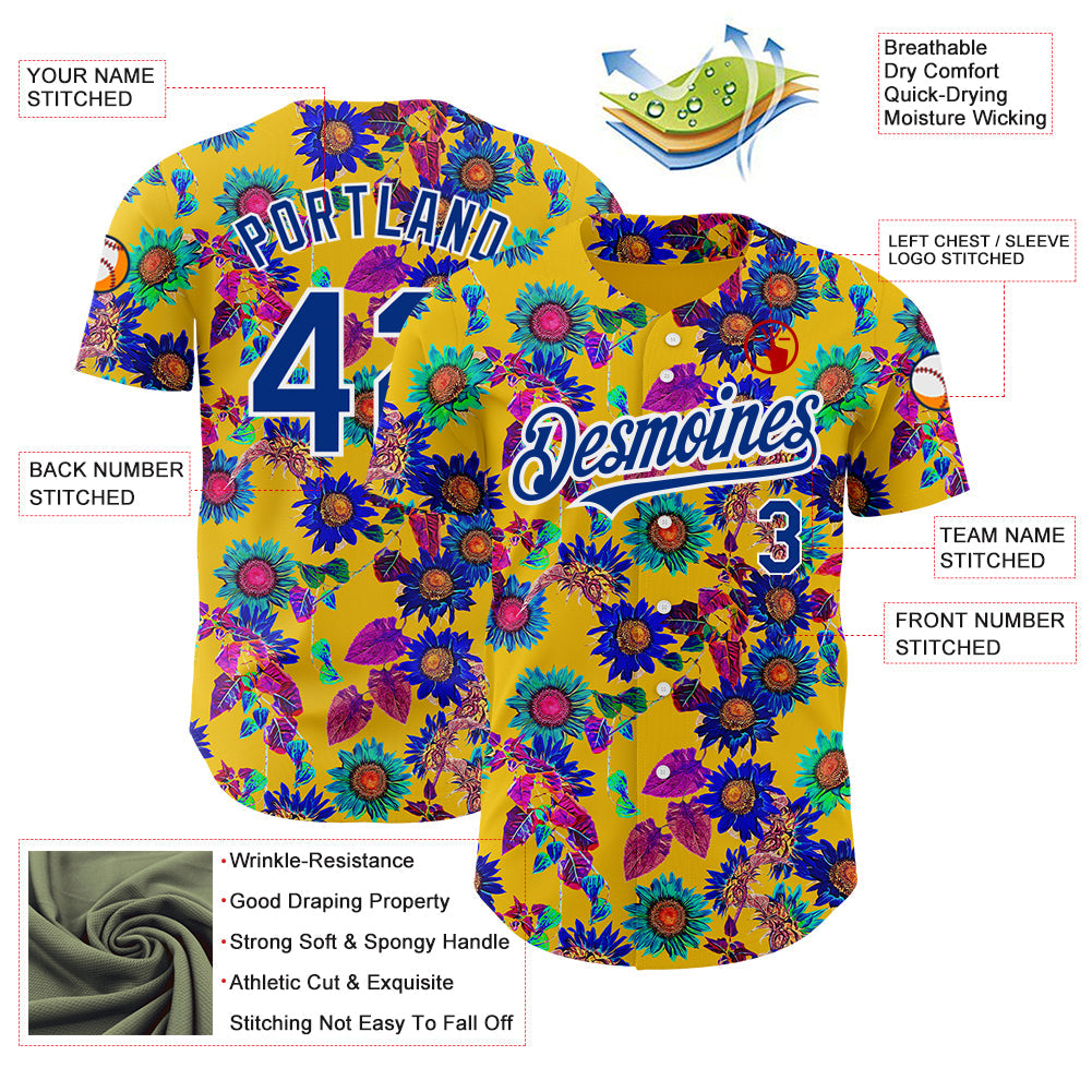 Custom Yellow Royal-White 3D Pattern Design Northeast China Big Flower Authentic Baseball Jersey view 3