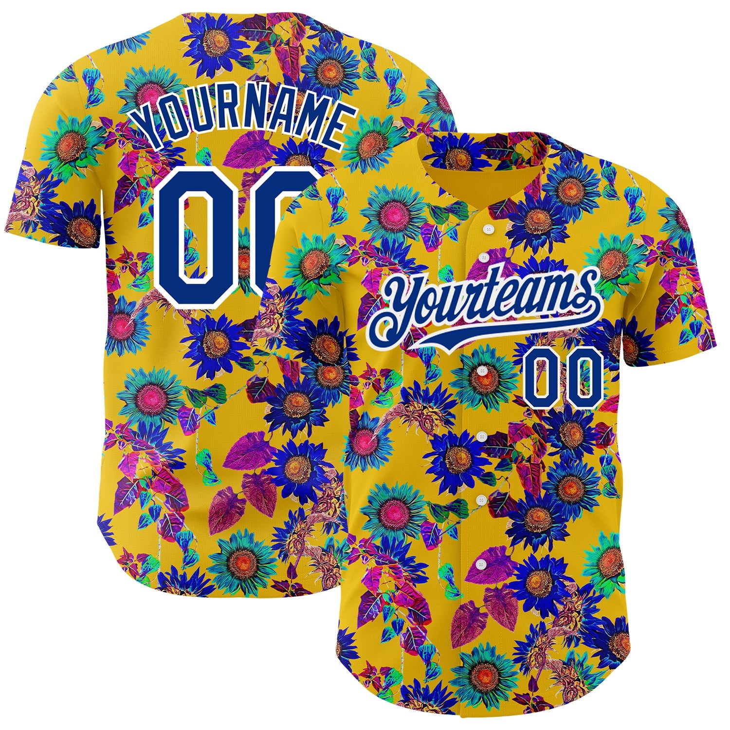 Custom Yellow Royal-White 3D Pattern Design Northeast China Big Flower Authentic Baseball Jersey - Main View