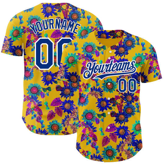 Custom Yellow Royal-White 3D Pattern Design Northeast China Big Flower Authentic Baseball Jersey - Main View