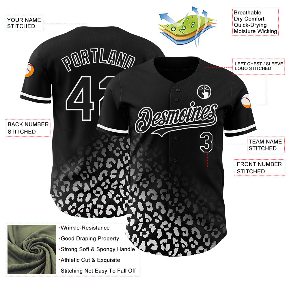 Custom Black White 3D Pattern Design Leopard Print Fade Fashion Authentic Baseball Jersey view 3