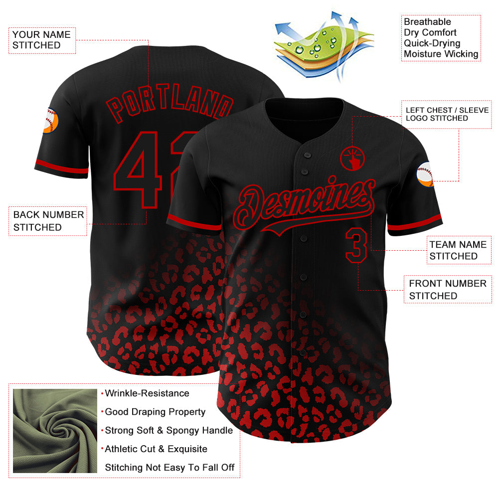 Custom Black Red 3D Pattern Design Leopard Print Fade Fashion Authentic Baseball Jersey view 3