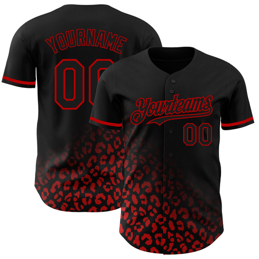 Custom Black Red 3D Pattern Design Leopard Print Fade Fashion Authentic Baseball Jersey - Main View