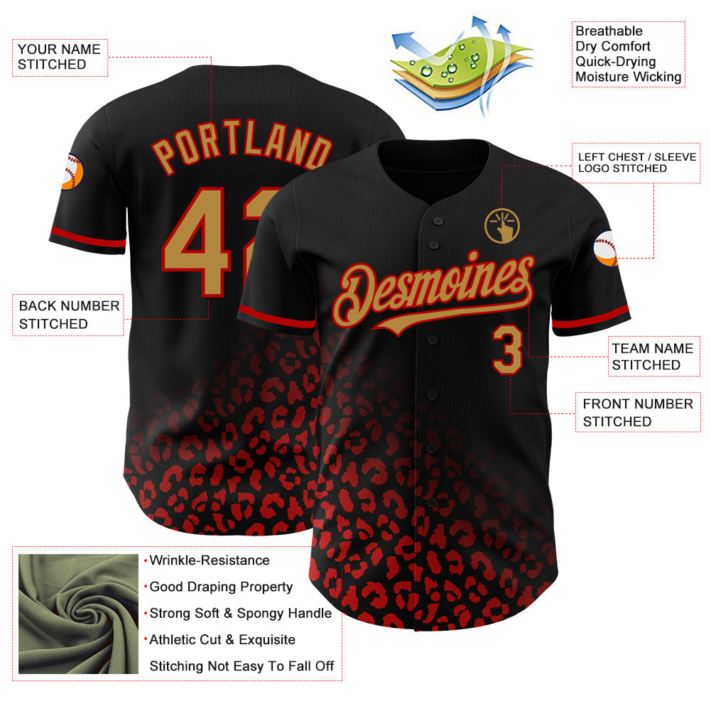 Custom Black Old Gold-Red 3D Pattern Design Leopard Print Fade Fashion Authentic Baseball Jersey view 3