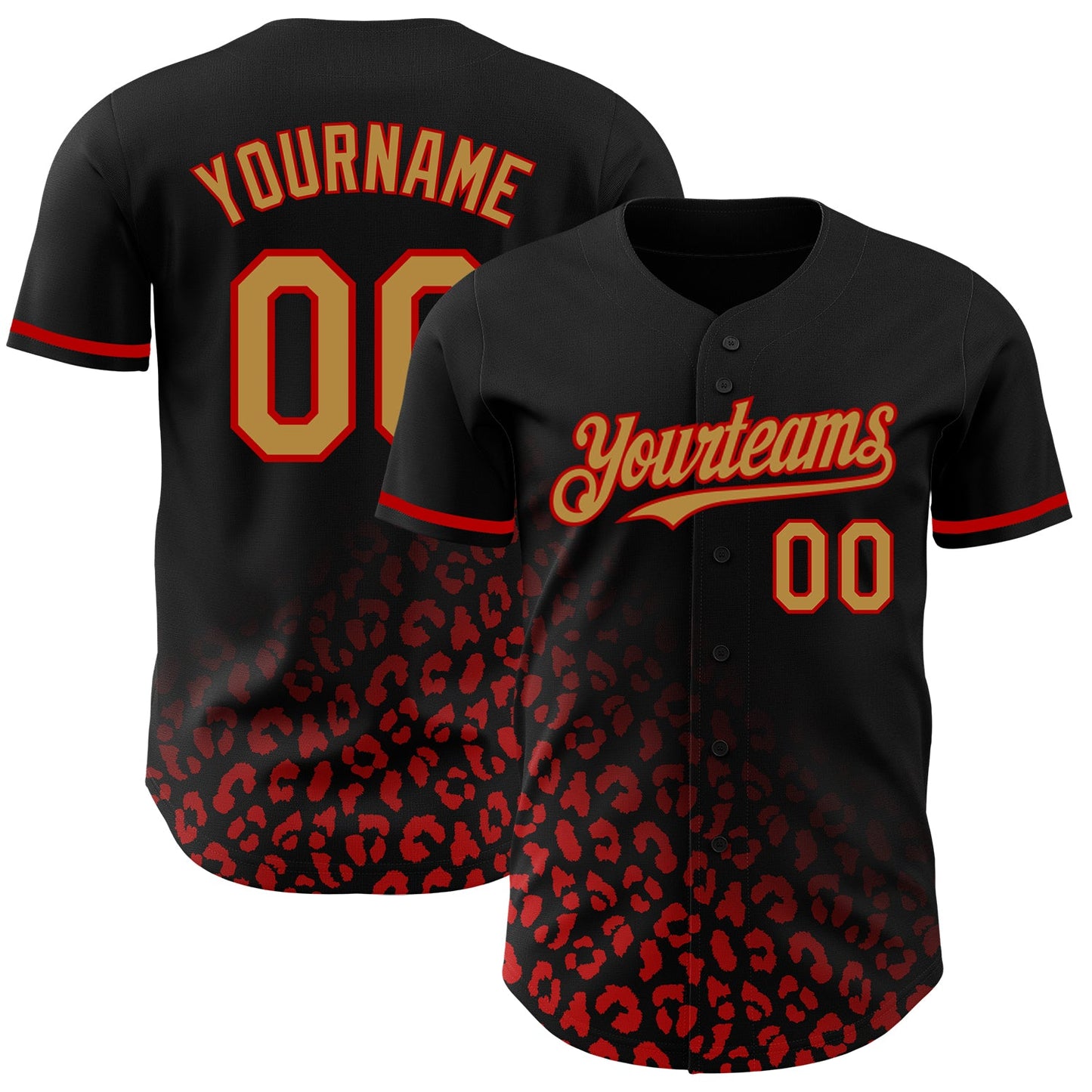 Custom Black Old Gold-Red 3D Pattern Design Leopard Print Fade Fashion Authentic Baseball Jersey - Main View