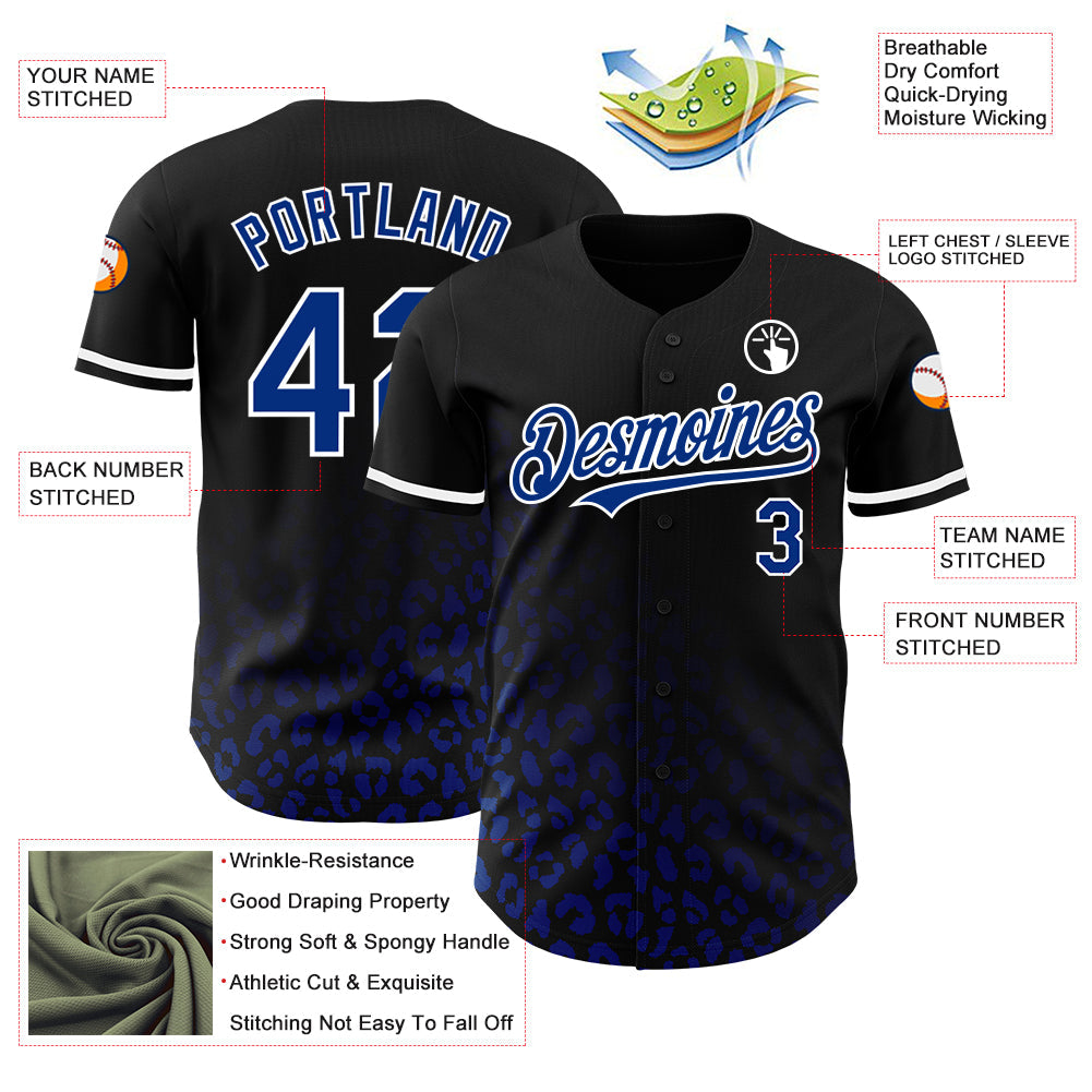 Custom Black Royal-White 3D Pattern Design Leopard Print Fade Fashion Authentic Baseball Jersey view 3