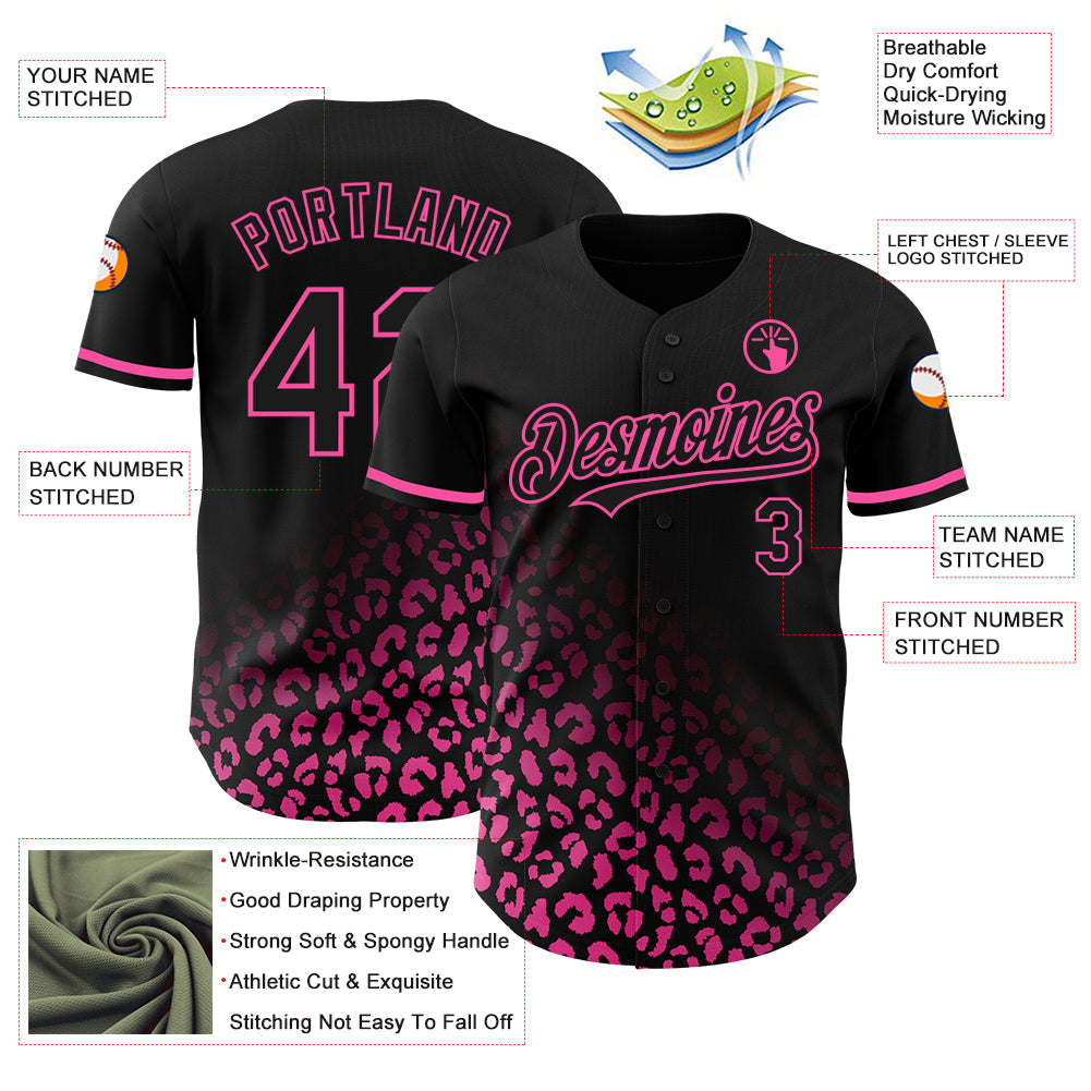 Custom Black Pink 3D Pattern Design Leopard Print Fade Fashion Authentic Baseball Jersey view 3