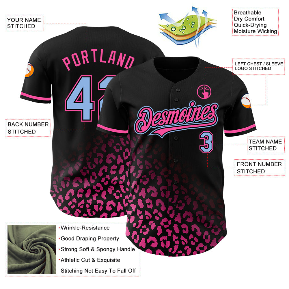 Custom Black Light Blue-Pink 3D Pattern Design Leopard Print Fade Fashion Authentic Baseball Jersey view 3