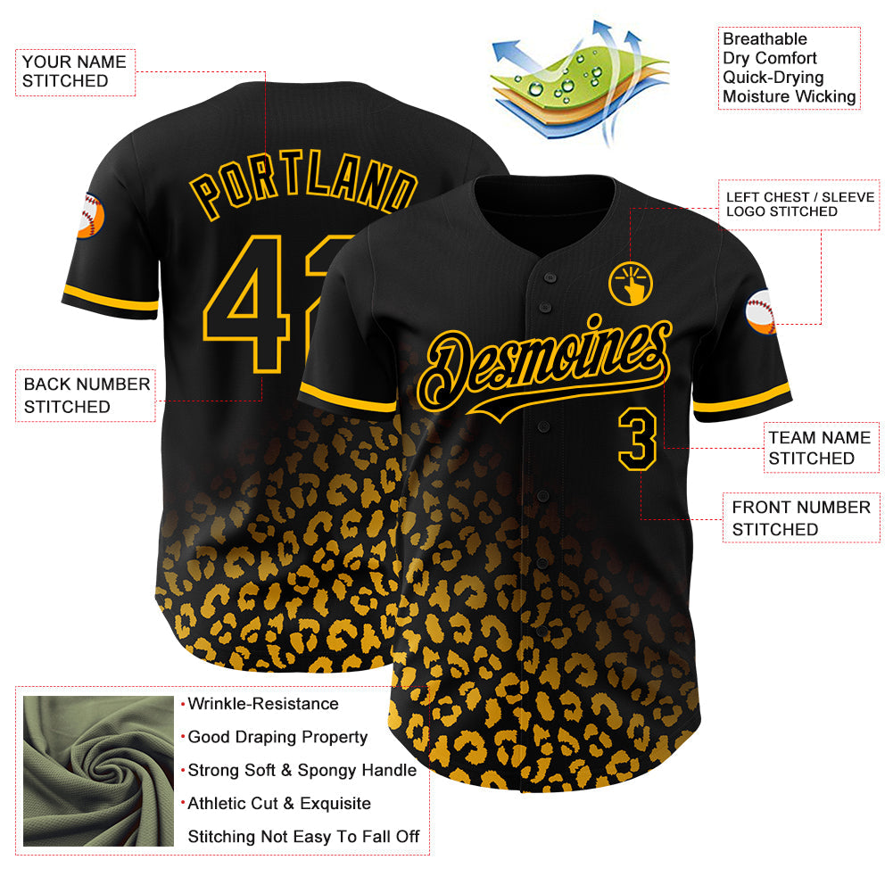 Custom Black Gold 3D Pattern Design Leopard Print Fade Fashion Authentic Baseball Jersey view 3