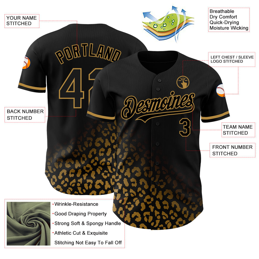 Custom Black Old Gold 3D Pattern Design Leopard Print Fade Fashion Authentic Baseball Jersey view 3