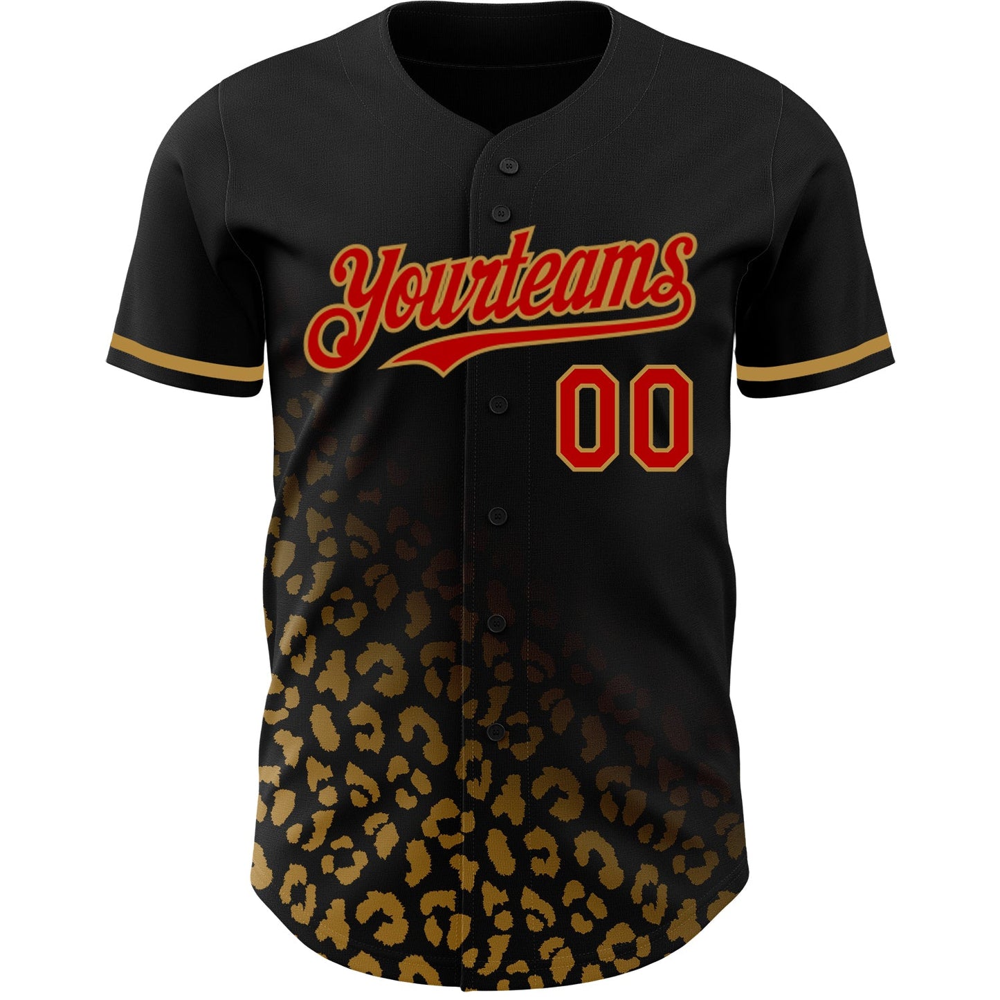 Custom Black Red-Old Gold 3D Pattern Design Leopard Print Fade Fashion Authentic Baseball Jersey view 2