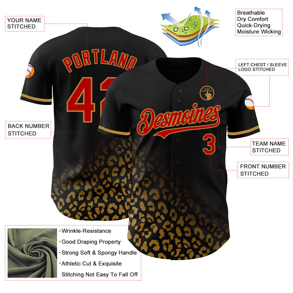 Custom Black Red-Old Gold 3D Pattern Design Leopard Print Fade Fashion Authentic Baseball Jersey view 3