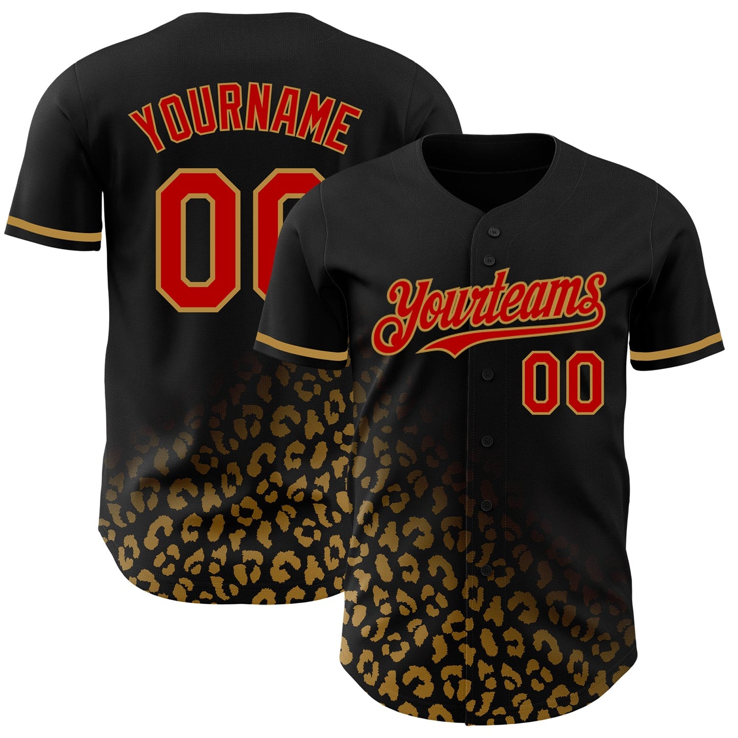 Custom Black Red-Old Gold 3D Pattern Design Leopard Print Fade Fashion Authentic Baseball Jersey - Main View