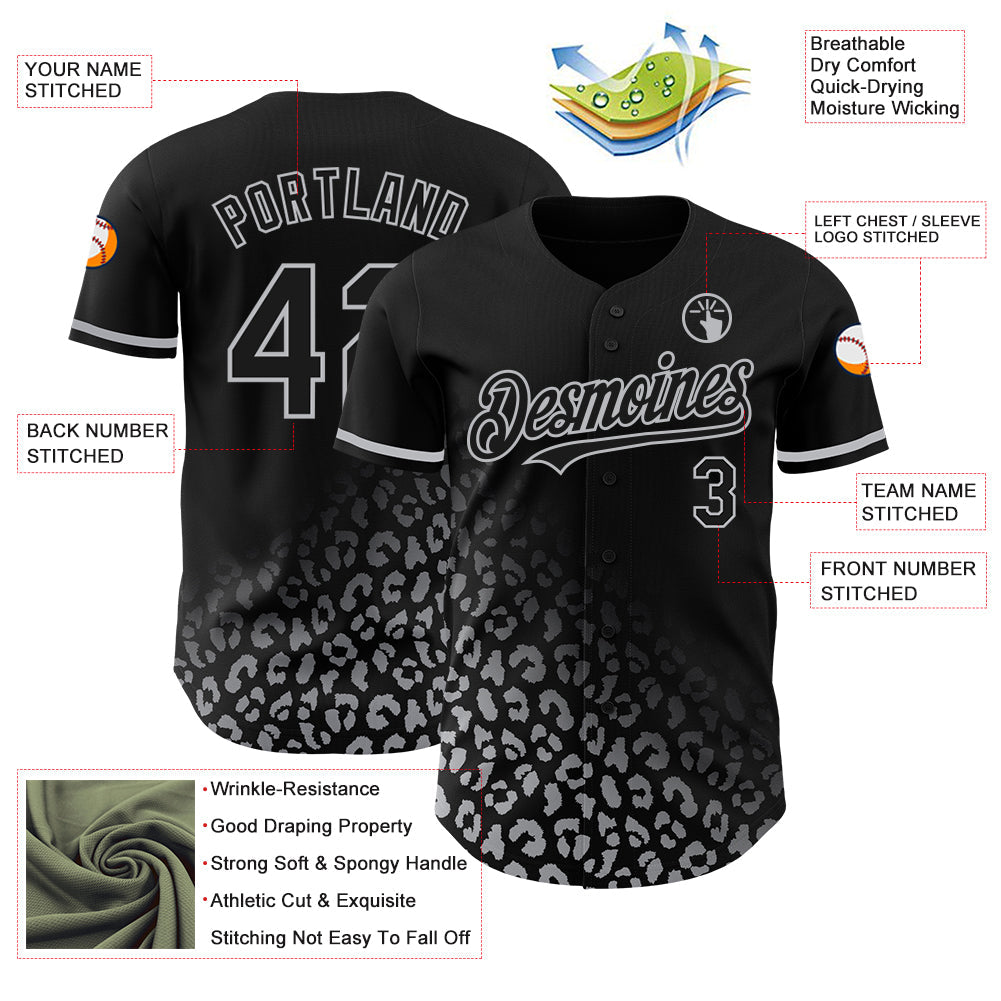 Custom Black Gray 3D Pattern Design Leopard Print Fade Fashion Authentic Baseball Jersey view 3