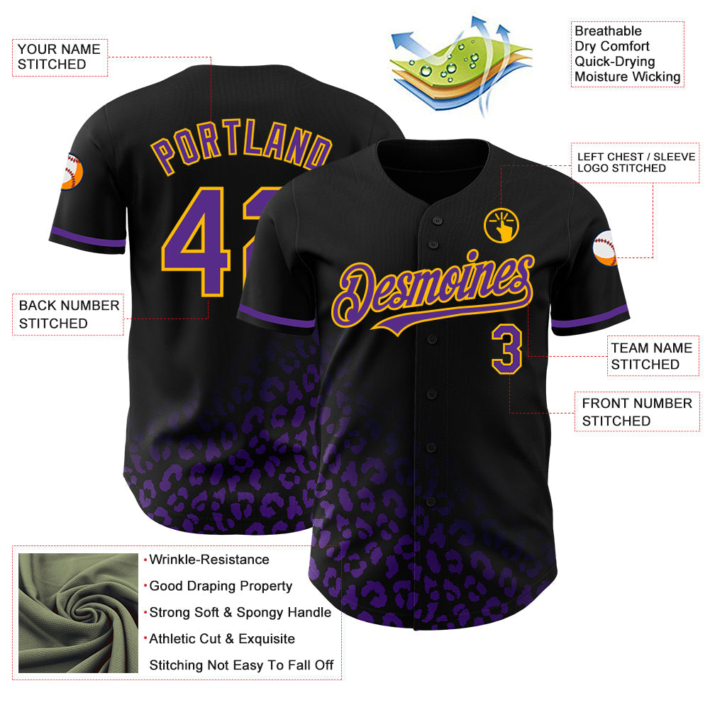 Custom Black Purple-Gold 3D Pattern Design Leopard Print Fade Fashion Authentic Baseball Jersey view 3