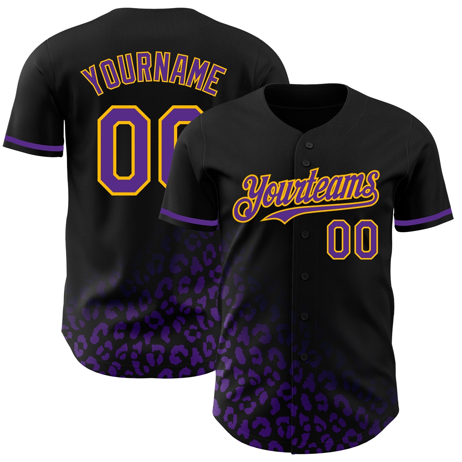 Custom Black Purple-Gold 3D Pattern Design Leopard Print Fade Fashion Authentic Baseball Jersey - Main View