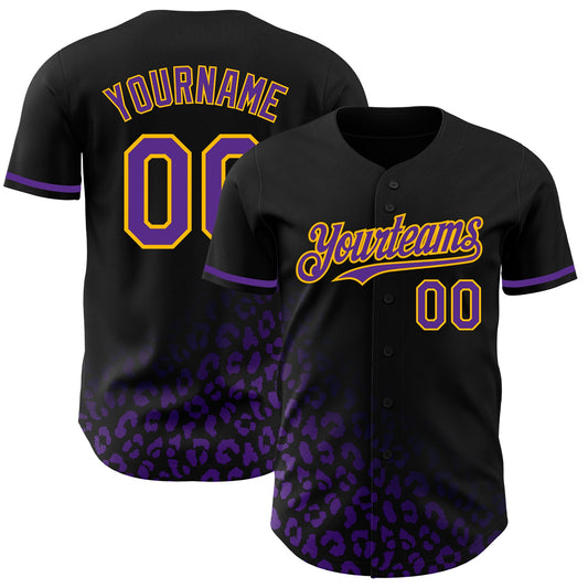 Custom Black Purple-Gold 3D Pattern Design Leopard Print Fade Fashion Authentic Baseball Jersey - Main View