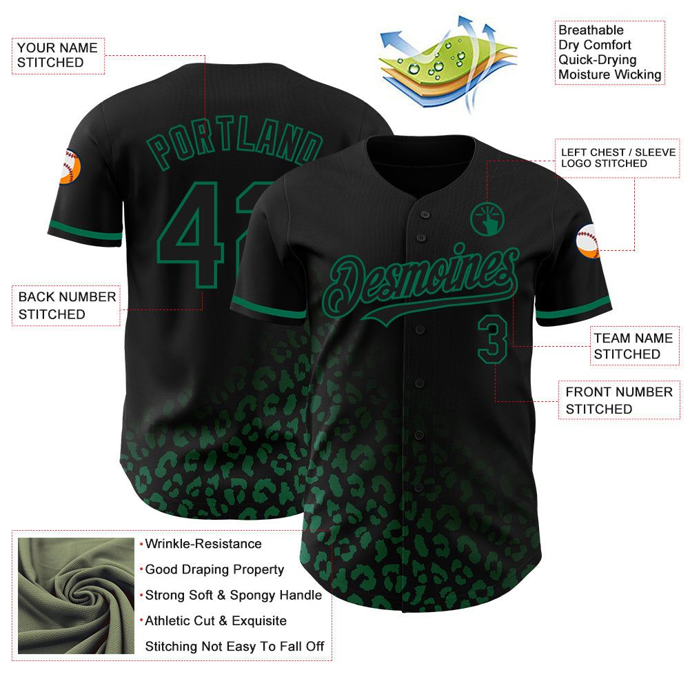 Custom Black Kelly Green 3D Pattern Design Leopard Print Fade Fashion Authentic Baseball Jersey view 3