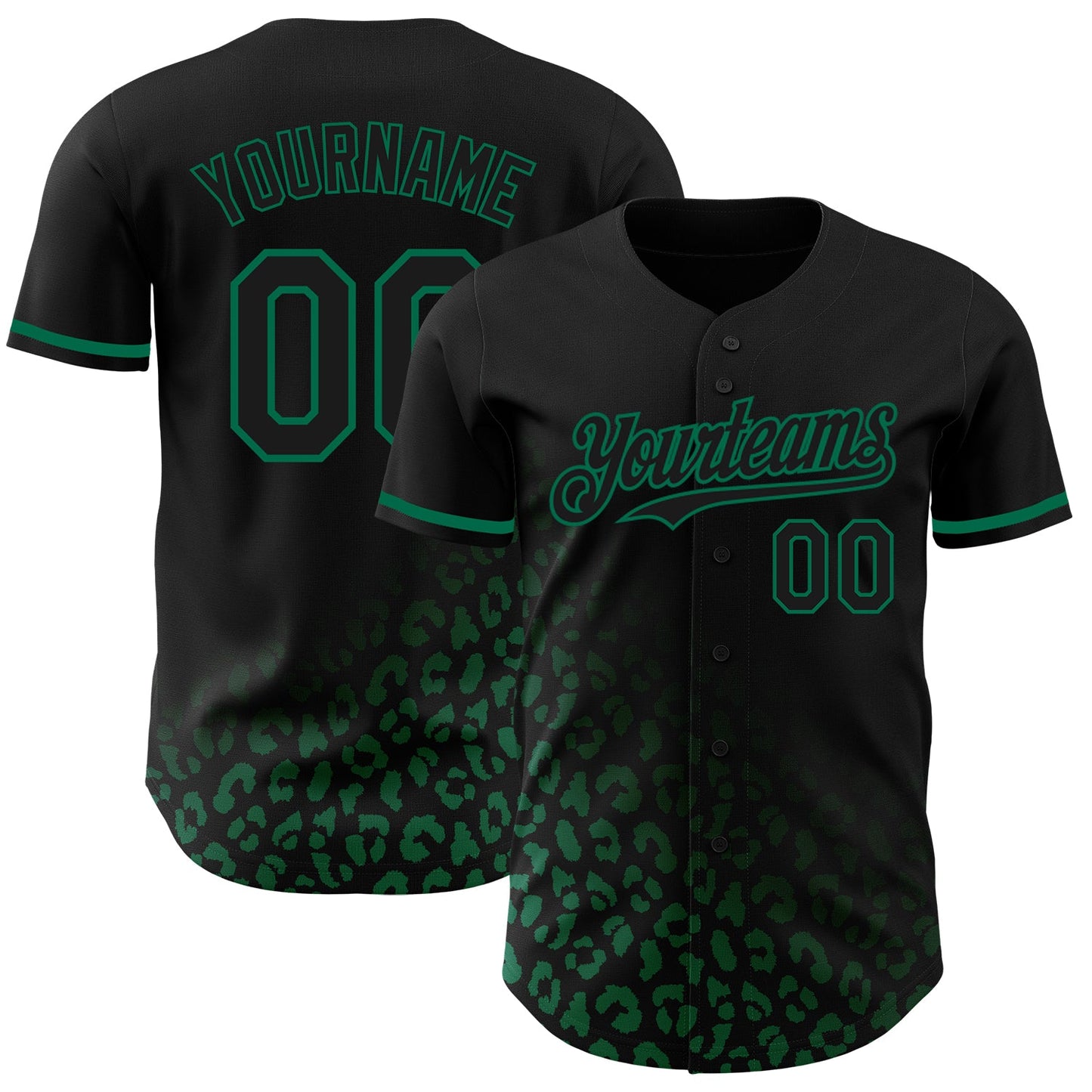 Custom Black Kelly Green 3D Pattern Design Leopard Print Fade Fashion Authentic Baseball Jersey - Main View