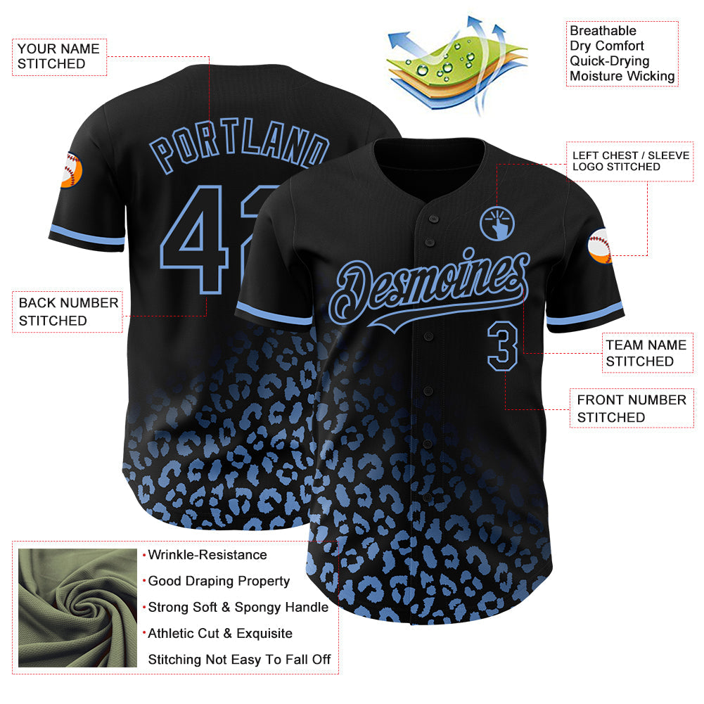 Custom Black Light Blue 3D Pattern Design Leopard Print Fade Fashion Authentic Baseball Jersey view 3