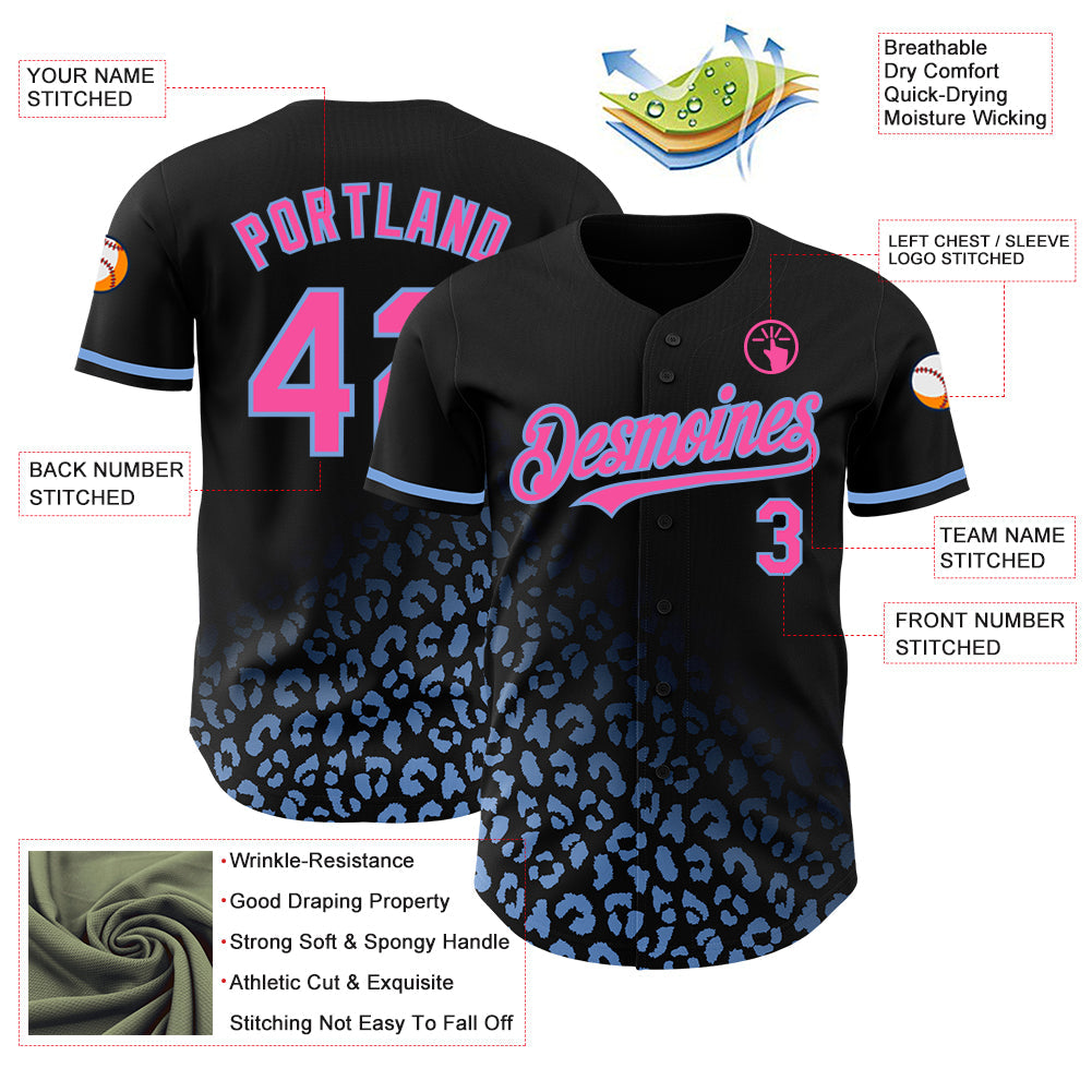 Custom Black Pink-Light Blue 3D Pattern Design Leopard Print Fade Fashion Authentic Baseball Jersey view 3