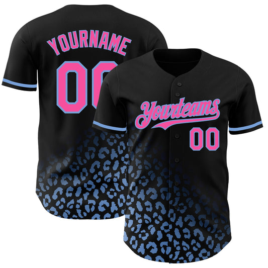 Custom Black Pink-Light Blue 3D Pattern Design Leopard Print Fade Fashion Authentic Baseball Jersey - Main View