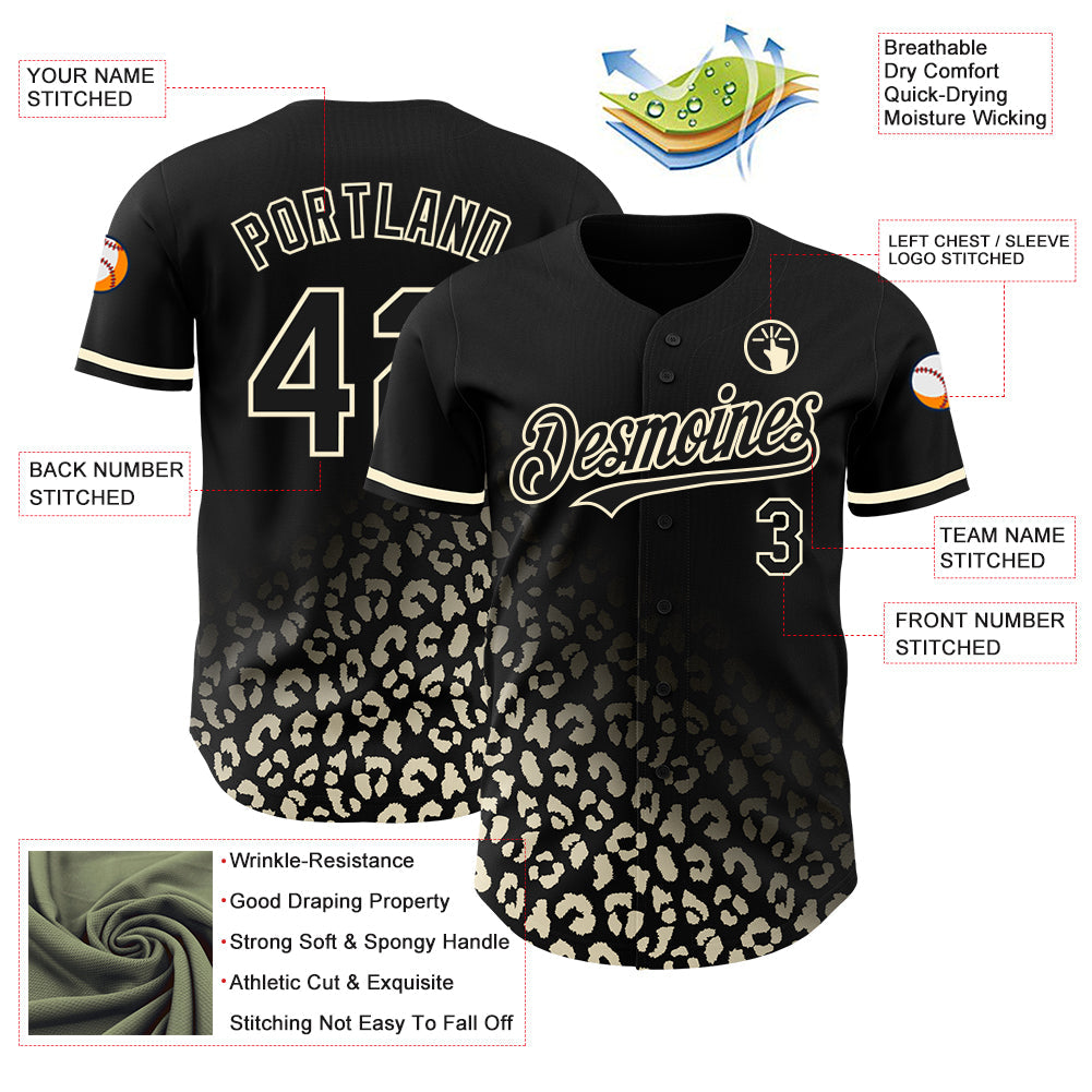 Custom Black Cream 3D Pattern Design Leopard Print Fade Fashion Authentic Baseball Jersey view 3