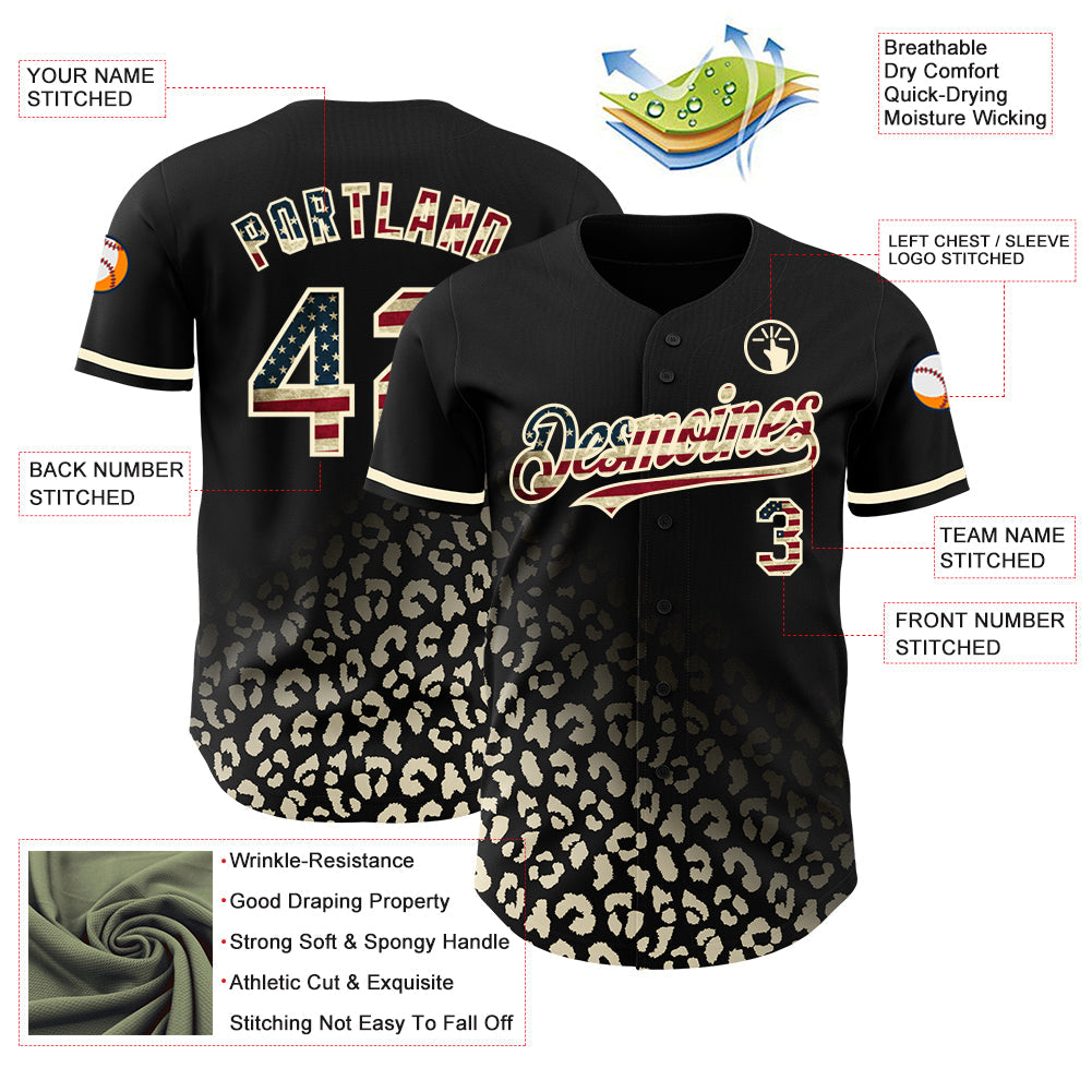 Custom Black Vintage USA Flag-Cream 3D Pattern Design Leopard Print Fade Fashion Authentic Baseball Jersey view 3