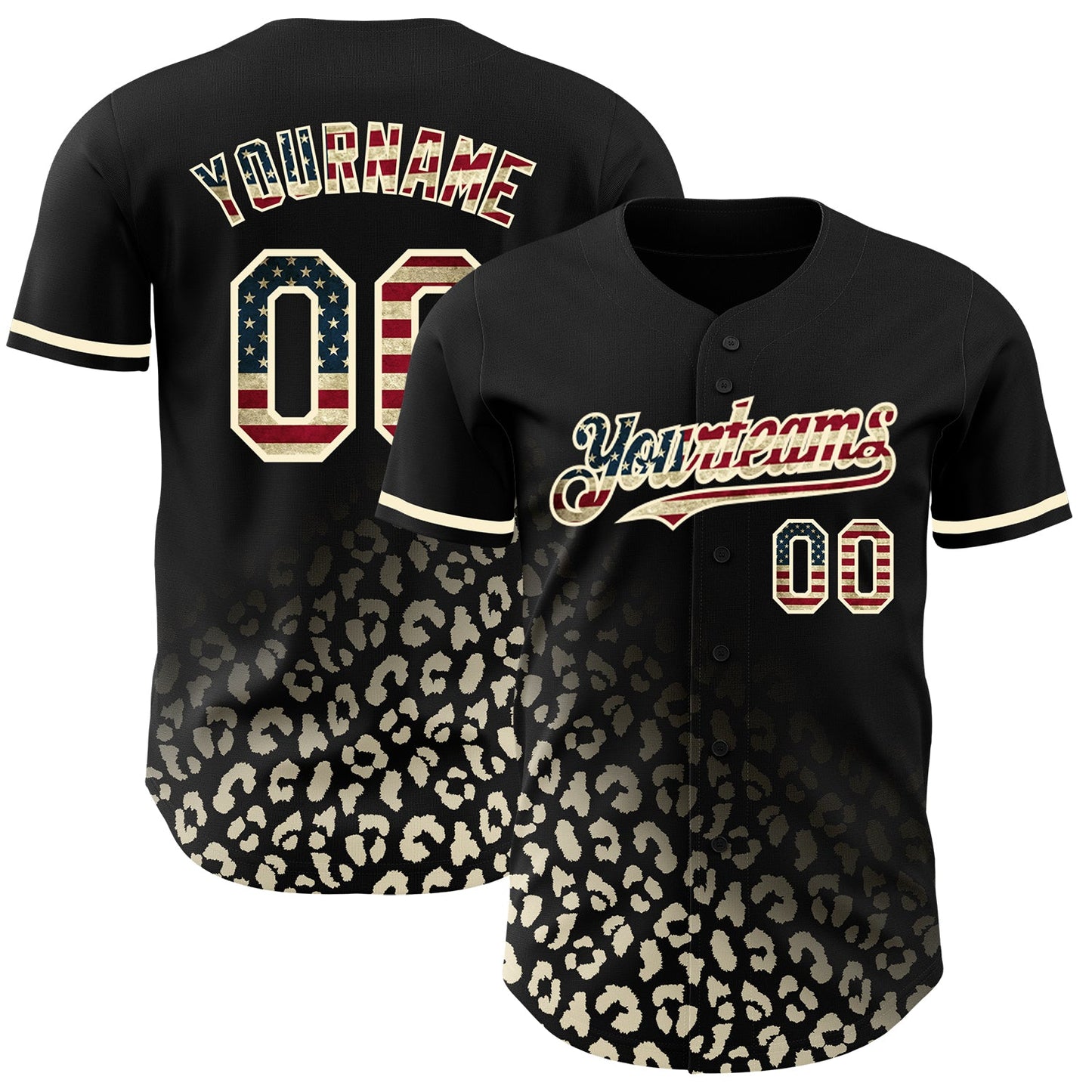 Custom Black Vintage USA Flag-Cream 3D Pattern Design Leopard Print Fade Fashion Authentic Baseball Jersey - Main View