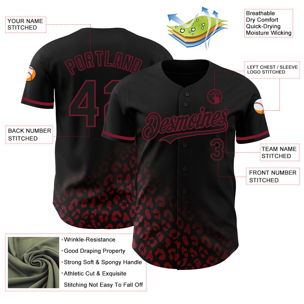 Custom Black Crimson 3D Pattern Design Leopard Print Fade Fashion Authentic Baseball Jersey view 3