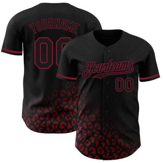 Custom Black Crimson 3D Pattern Design Leopard Print Fade Fashion Authentic Baseball Jersey - Main View