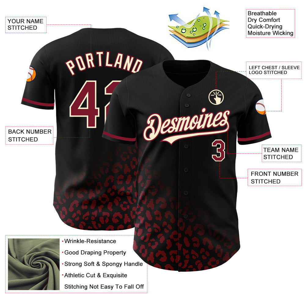 Custom Black Crimson-Cream 3D Pattern Design Leopard Print Fade Fashion Authentic Baseball Jersey view 3