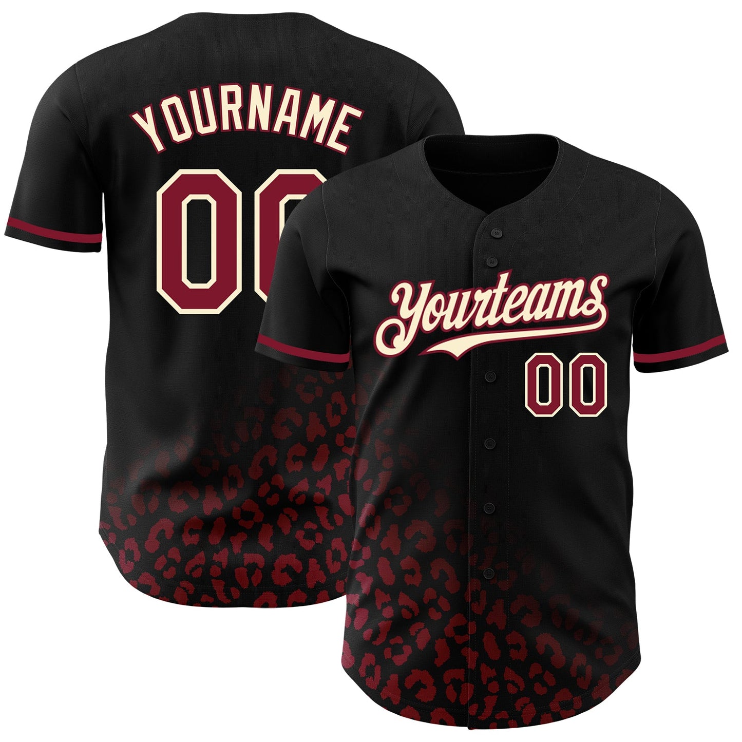 Custom Black Crimson-Cream 3D Pattern Design Leopard Print Fade Fashion Authentic Baseball Jersey - Main View